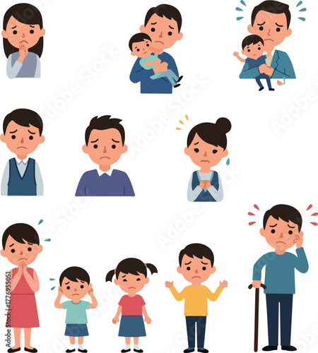 Worried Family Characters Sad Expressions Pixel Art Style