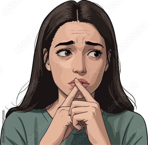 Worried Woman Fingers On Lips Concerned Expression