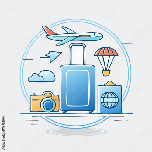 Travel and Adventure Suitcase and Plane Illustration