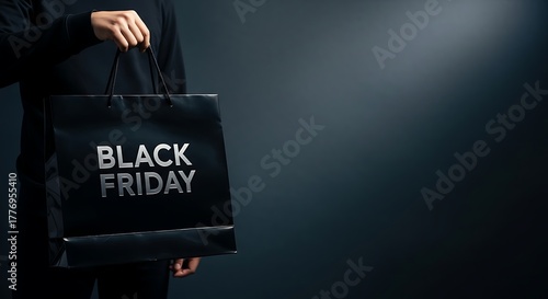 Black Friday promotional sale with person holding black shopping bag