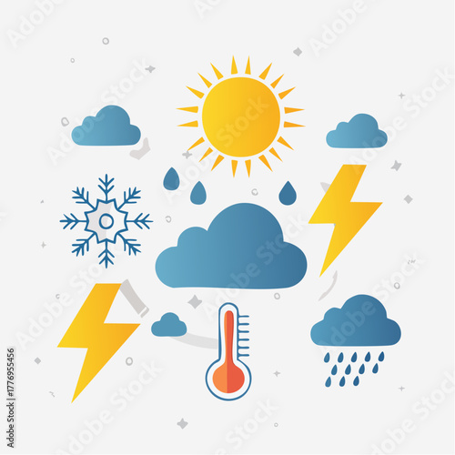 Weather Forecast Icons Sun, Clouds, Rain, Lightning & Snow