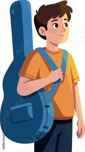 Young Man With Guitar Case Orange Shirt Casual Outfit Isolated Object