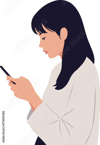 Young Woman Browsing Smartphone Minimalist Flat Design Vector