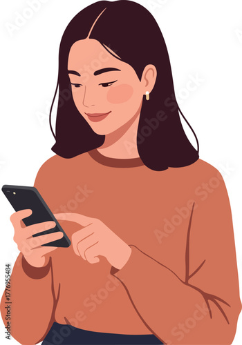 Young Woman Browsing Smartphone Wearing Orange Sweater Isolated