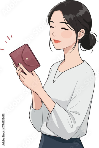 Young Woman Holding Small Coin Purse White Blouse Dark Skirt Isolated