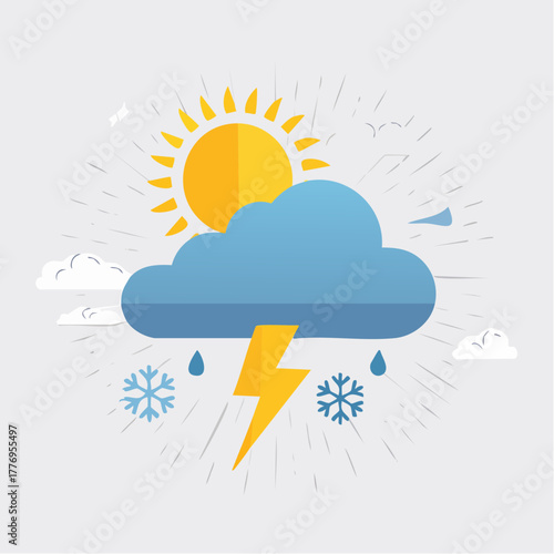 Composite weather icon depicting multiple climate conditions like sunshine, thunderstorms, rain, and snow in a flat vector style