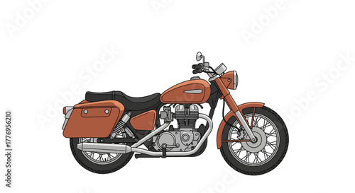 Side view illustration of a classic orange cruiser motorcycle with saddlebags on a white background.