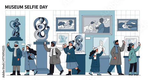 A diverse group of visitors in a modern art gallery celebrating Museum Selfie Day by taking photos with their smartphones.