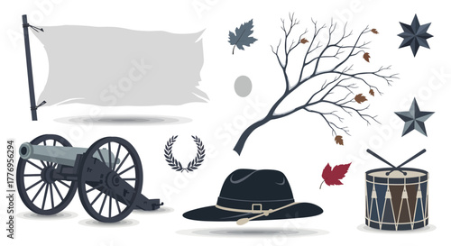 A collection of American Civil War vector icons including a cannon, flag, hat, and drum.
