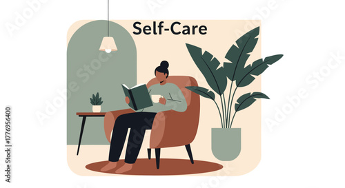 Woman reading book and drinking coffee in cozy armchair by plant, enjoying peaceful selfcare moment at home.