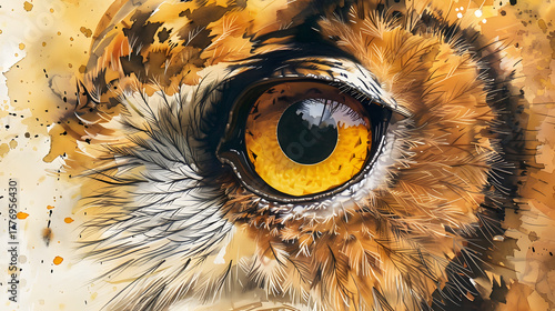 close-up watercolor owl eye detail golden tone