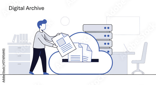 Man uploading documents to cloud storage system in modern office, symbolizing data management and digital transformation for business efficiency.