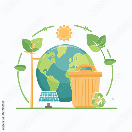 Illustration of an eco-friendly planet Earth concept with a solar panel, recycling bin, and green plants, symbolizing sustainability and renewable energy