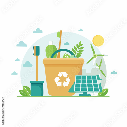Vector illustration representing the concept of sustainable living, recycling, and renewable green energy sources