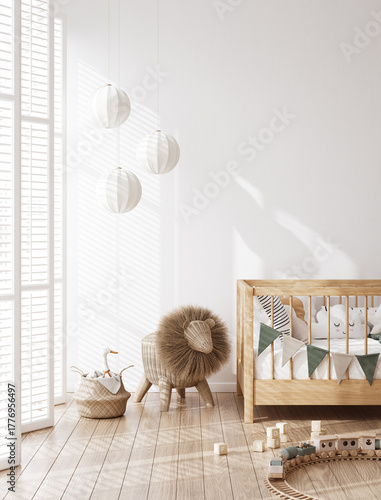 Mock up frame in children room, light cozy interior with wooden crib, 3D render © artjafara