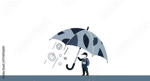 Boy holding umbrella stands in the rain on a gray day, feeling protected and safe from the weather, enjoying the simple pleasure of a rainy afternoon.