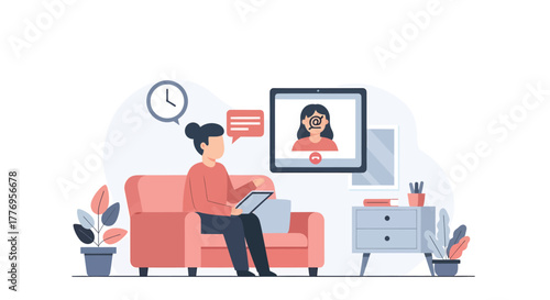 Woman is having a video call with her therapist at home, discussing her mental health in a modern and comfortable setting, promoting wellbeing.
