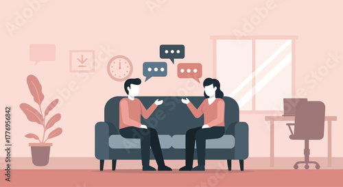 Two people are having a conversation on a couch in a living room, discussing ideas and sharing thoughts in a calm and collaborative atmosphere.