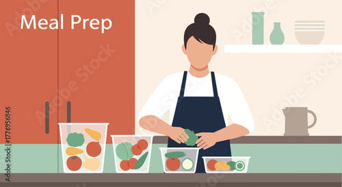 Woman preparing healthy meals in kitchen, chopping vegetables and filling containers for meal prep, promoting wellness and nutrition.