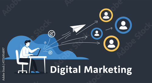 Person working on laptop sends paper airplane to connect with customers in digital marketing campaign, showcasing modern business strategy.