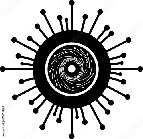 Abstract Digital Eye Icon With Radial Spokes and Swirling Center
