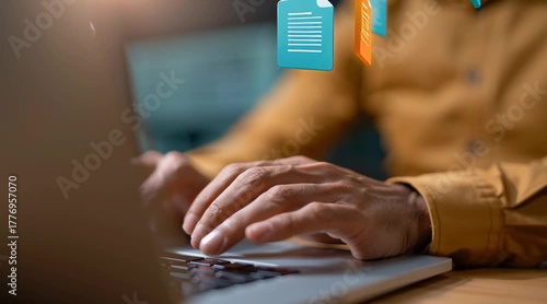 E-Invoice and Digital billing concept, Businessman using laptop to manage electronic statements on virtual screen. E-tax, Digital receipt, Online invoice processing and tax accounting solutions.