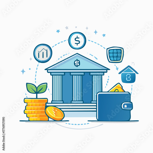 Financial Institution and Digital Wallet Investing, Saving, and Banking Illustrated
