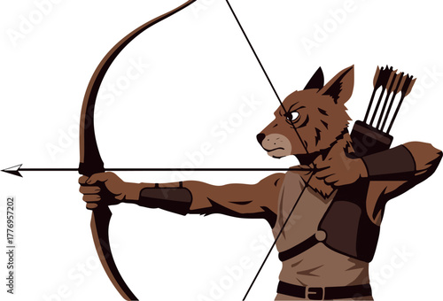 Anthropomorphic Fox Archer Aiming Bow with Arrows Minimalist Flat Design