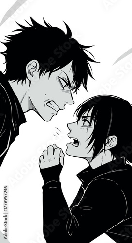 Anime Manga Style Black And White Couple Arguing With Intense Emotion