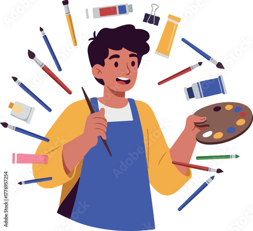 Artist Man With Paint Palette Holding Brush Surrounded By Art Supplies Flat Illustration