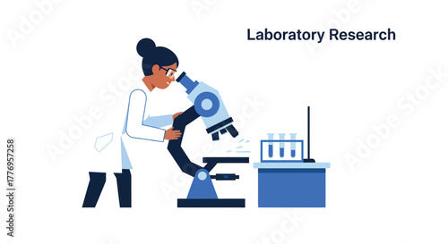 Scientist examines sample through microscope in laboratory, conducting research with test tubes and equipment for scientific discovery.