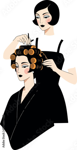 Art Deco Woman Getting Hair Styled With Curlers In Black Robe