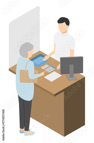 カウンターで高齢者に服薬指導をする薬剤師の男性3