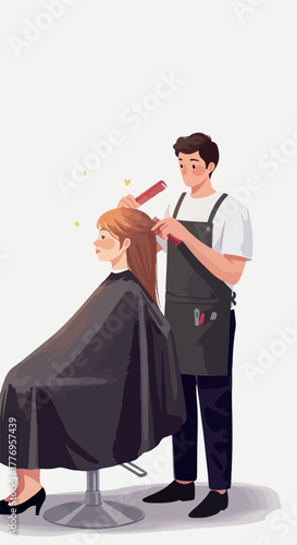 Barber Styling Woman Hair White Background Minimalist Illustration