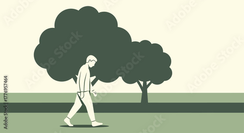 Man walking while looking at his smartphone in a park with trees on a sunny day, showcasing modern lifestyle and technology integration.
