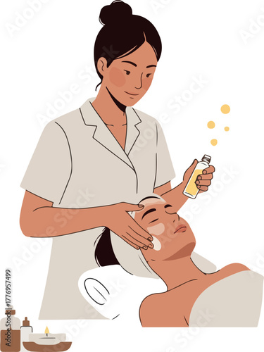 Beautician Applying Face Serum To Woman In Spa Minimalist Flat Design