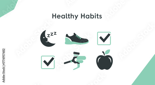Healthy lifestyle habits depicted with simple shapes on a white surface, promoting wellness and positive choices.