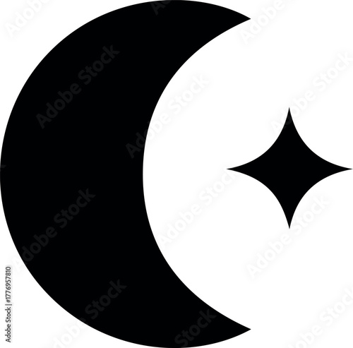 Black Crescent Moon and Star Isolated Simple Minimalist Vector