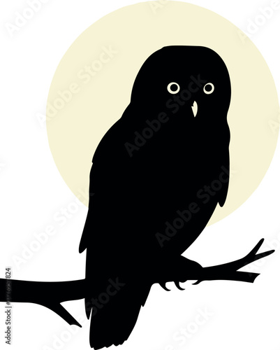 Black Owl Silhouette Perched On A Branch Against A Pale Yellow Moon