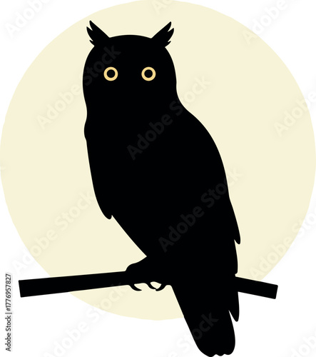 Black Owl Silhouette Perched on Branch Against Pale Yellow Moon Minimalist Vector