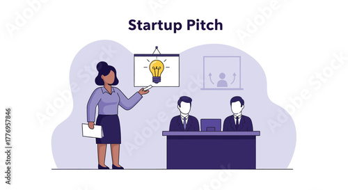 Businesswoman presenting startup pitch with lightbulb idea to investors in modern office, showcasing innovation and potential for growth.