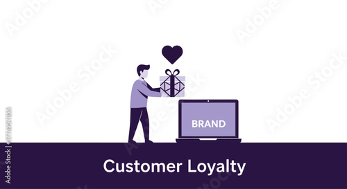 Man delivers gift with heart to laptop representing brand loyalty, symbolizing customer appreciation and relationship building in a modern business setting.