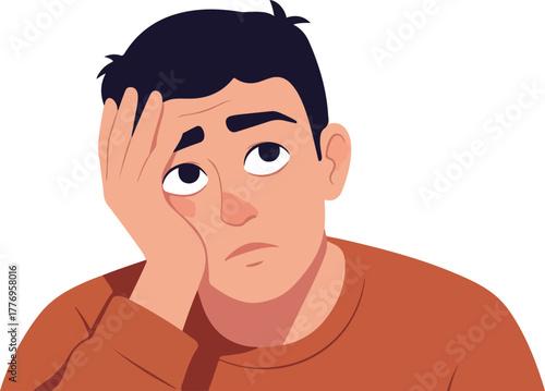 Bored Man Face Resting Chin On Hand Minimalist Illustration