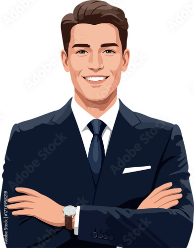 Business Man Blue Suit Arms Crossed Smiling Isolated Object