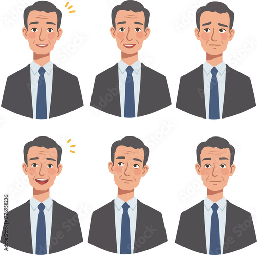 Business Man Emotions Flat Design Vector Set Gray Suit Blue Tie