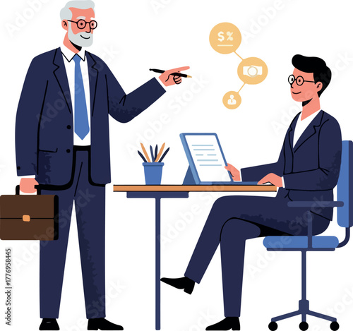 Business Meeting Flat Design With Senior And Junior Managers In Office