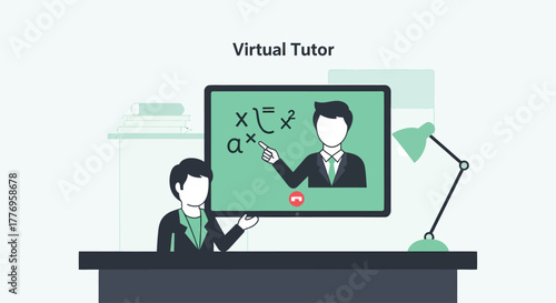 Student attends virtual tutoring session with online tutor, learning algebra and calculus on a computer screen with a desk lamp, showcasing modern education.