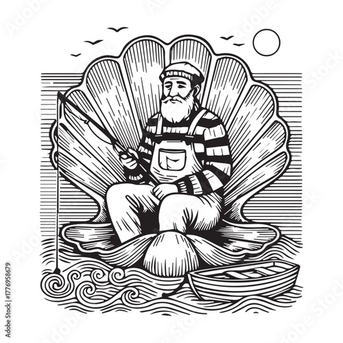Vintage Engraving of a Fisherman Sitting in a Giant Shell.
