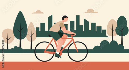Man rides bicycle through park with city skyline in distance, enjoying healthy lifestyle and outdoor recreation on a sunny day.