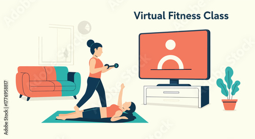 Woman assisting another with dumbbell exercises during virtual fitness class in living room, promoting health and wellness at home.